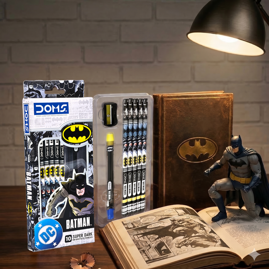DOMS Batman Pencil Set | Batman Themed Graphite Pencils with Sharpener & Eraser | Premium Writing & Drawing Kit for Kids, School & Art Use | Official Licsenced Merchandise