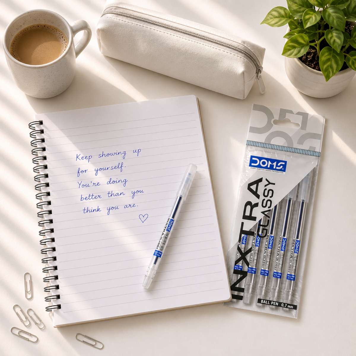DOMS INXTRA Glassy Ball Pens Pack of 5 – 0.7mm Smooth Writing Pens with Transparent Barrel | Blue, Black & Red Ink