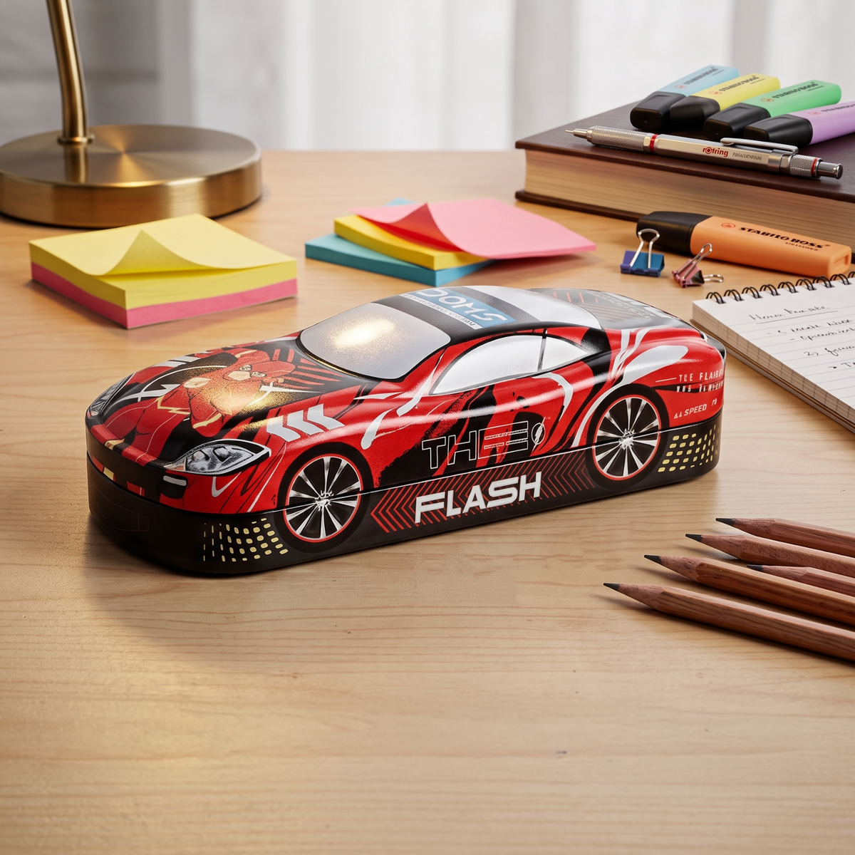 DOMS Flash Tin Box – Superhero Metal Storage Case | Durable Pencil Box for Kids | Stylish Car Design Storage Organizer | Official licensed Merchandise