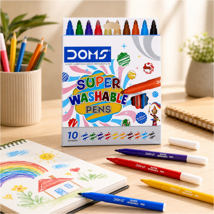 DOMS Super Washable Pens 10 Shades | Easy Wash Ink Colouring Pens for Kids, School & Art