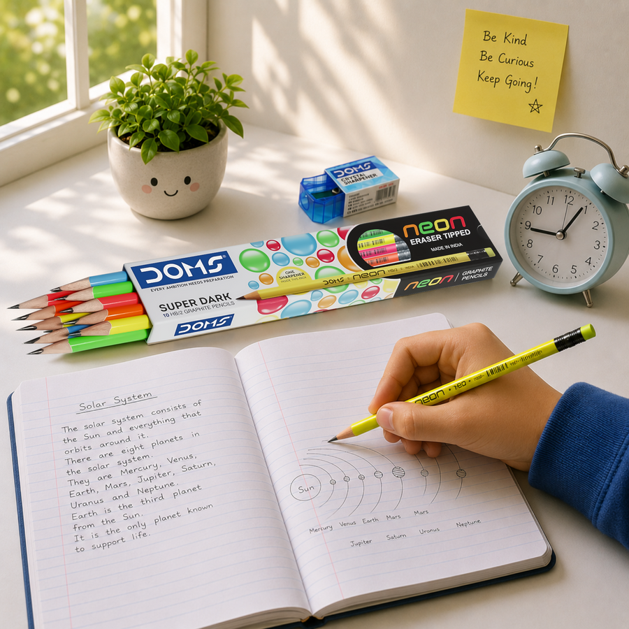 DOMS Neon Rubber-Tipped Graphite Pencils | Super Dark Writing | Smooth Finish | Eraser Tipped | School & Office Use