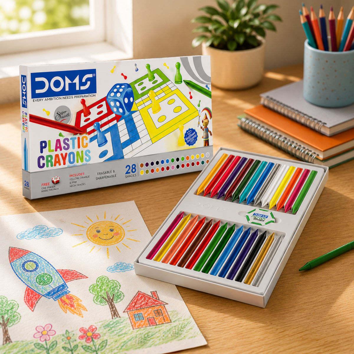 DOMS Plastic Crayons 28 Shades Box for Kids | Vibrant Non-Toxic Coloring Crayons Set | Smooth, Break-Resistant Art & Drawing Kit