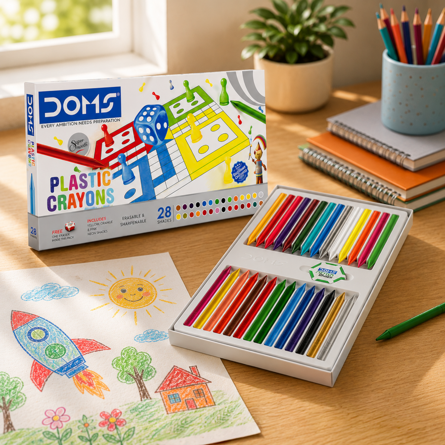DOMS Plastic Crayons 28 Shades Box for Kids | Vibrant Non-Toxic Coloring Crayons Set | Smooth, Break-Resistant Art & Drawing Kit
