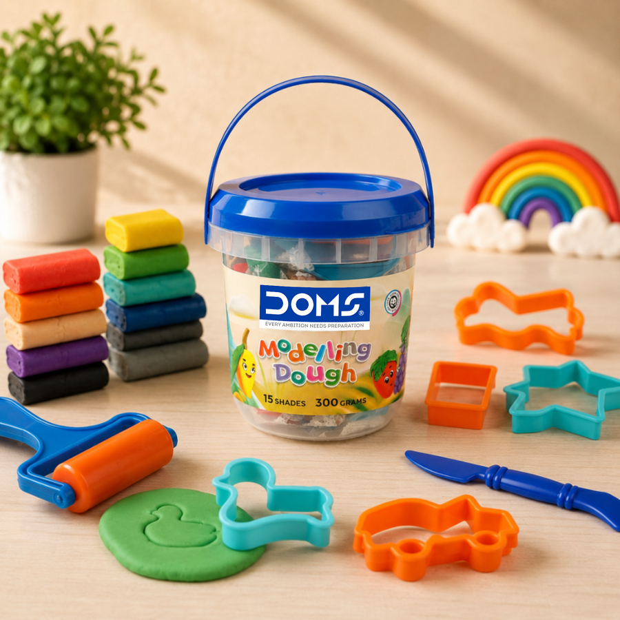 DOMS Modelling Dough 15 Shades (300g) with Bucket & Tools | Soft Non-Toxic Kids Dough for Creative Play