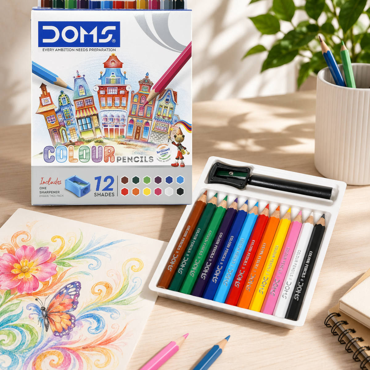 DOMS Half - Size  12 Shades Colour Pencils Set with Sharpener | Vibrant Coloring Pencils for Kids, Students & Artists
