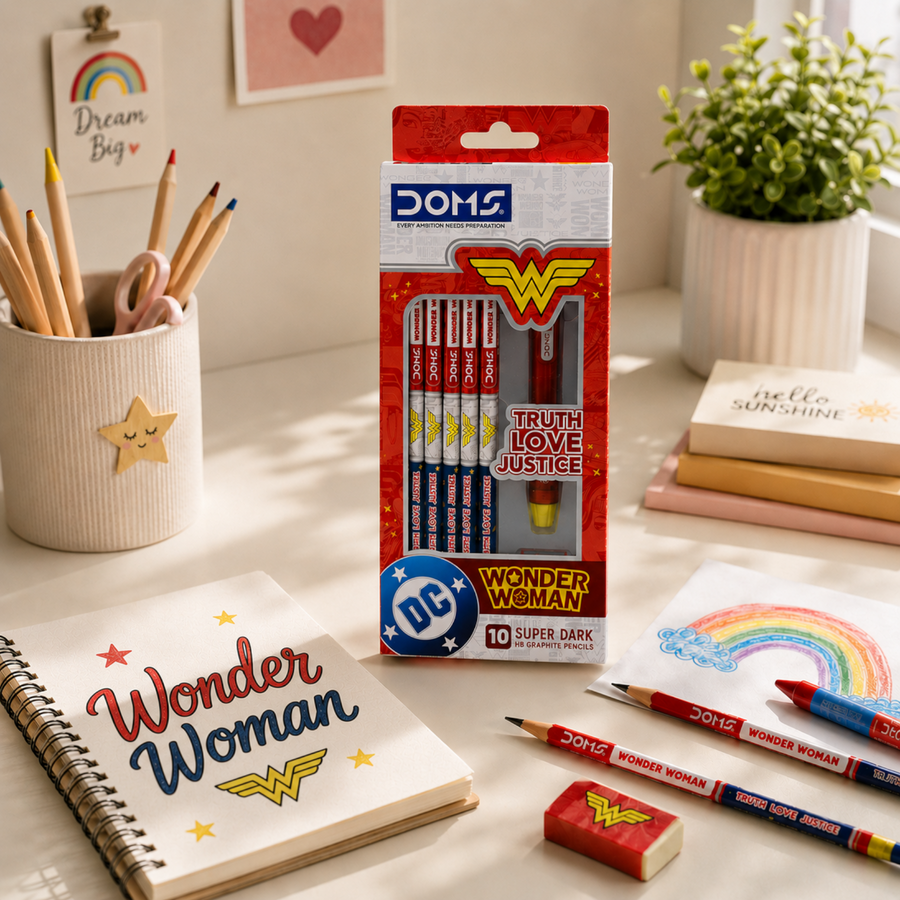 DOMS Wonder Woman Pencil Set | Wonder Women Themed Graphite Pencils with Sharpener & Eraser | Premium Writing  Kit for Students | Official Licsenced Merchandise