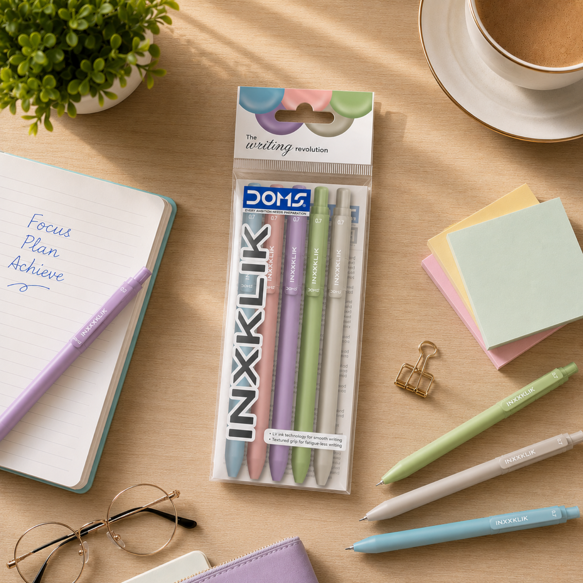 DOMS INXKLIK Ball Pens Pack – 0.7mm Smooth Writing Pens | Pack of 5 Pens | Premium Matte Finish | Available in Blue, Black & Red Ink | Stylish Ball Point Pens for School & Office