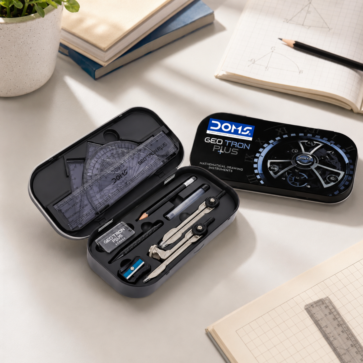 DOMS GEOTRON PLUS Math Instrument Box – Advanced Geometry Kit with Double-Sided Tray, Compass, Divider, Protractor, Scale & Accessories