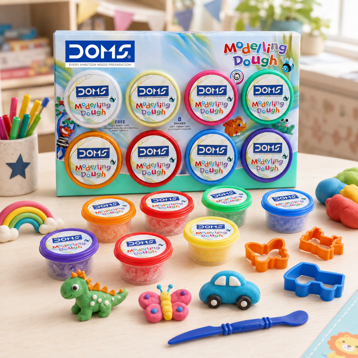 DOMS Modelling Dough 8 Shades (200g) – Soft Non-Toxic Clay Dough Set for Kids with Tools | Easy Moulding Art & Craft Kit