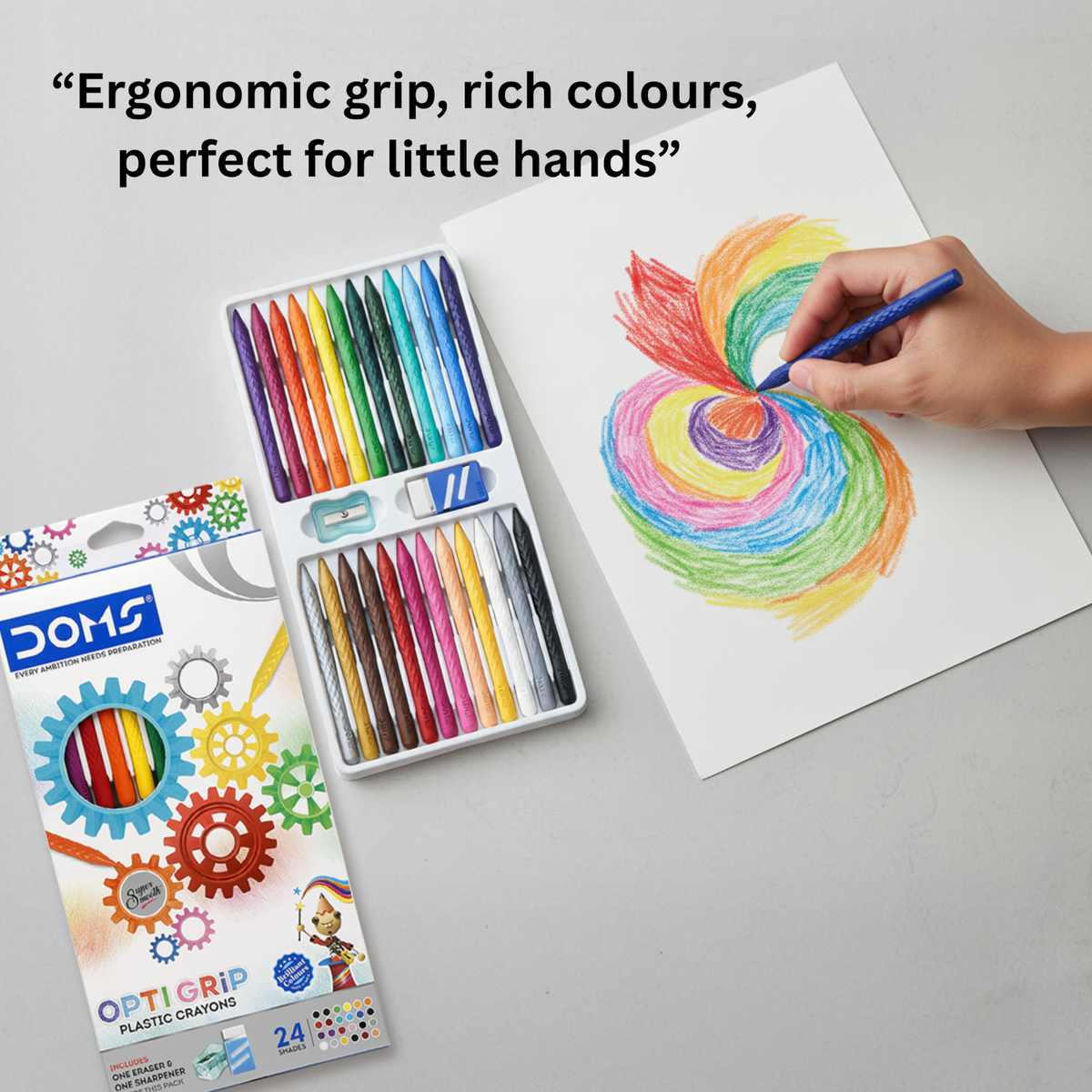 DOMS 24 Shades Opti Grip Plastic Crayons Set for Kids | Non-Toxic Vibrant Coloring Crayons | Smooth, Break-Resistant Art & Drawing Kit