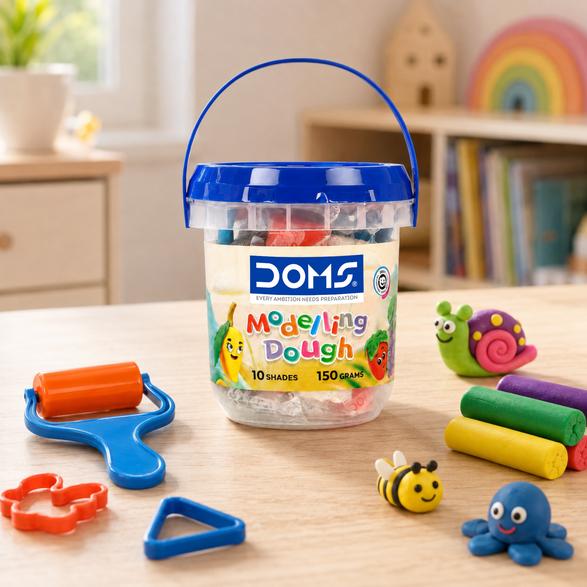 DOMS Modelling Dough 10 Shades (150g) with Bucket & Tools | Soft Non-Sticky Dough for Kids Creative Play