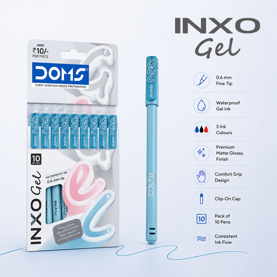 DOMS INXO Gel Pens Pack of 10 0.6mm Fine Tip | Pack of 10 Pens | Smooth Waterproof Ink | Blue, Black & Red Gel Pens