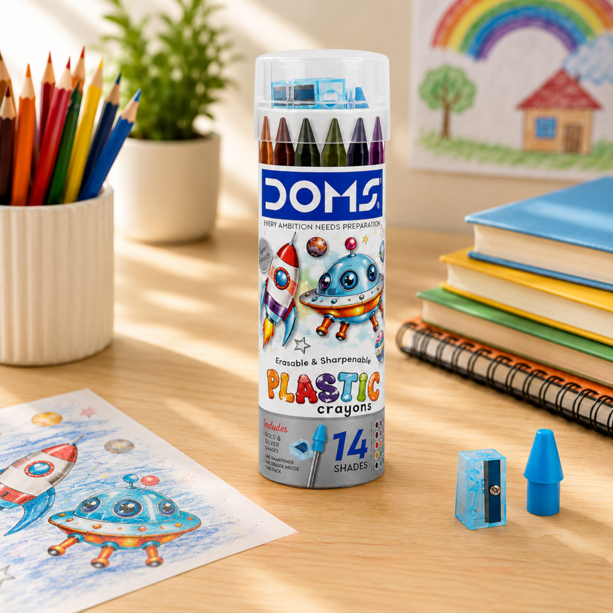 DOMS Plastic Crayons Set – Erasable & Sharpenable Colour Crayons for Kids | Smooth & Bright Shades