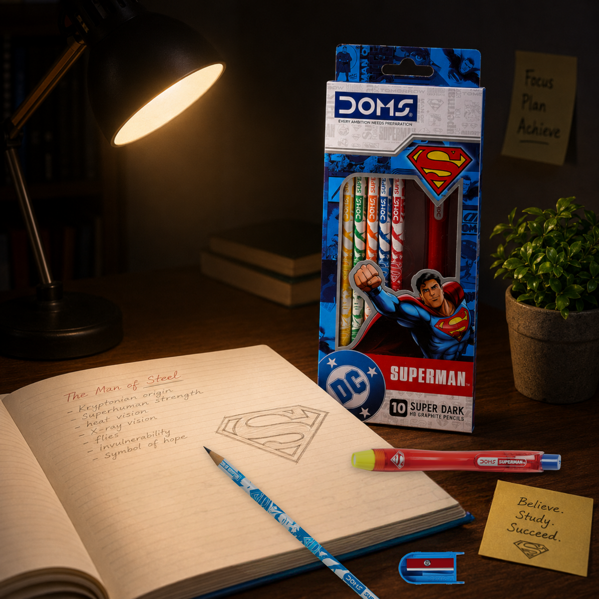 DOMS Superman Pencil Set | Superman-themed designs Pencils|Super Dark Writing |  Pencils with Sharpener& Eraser for School Kids | Official Licsenced Merchandise