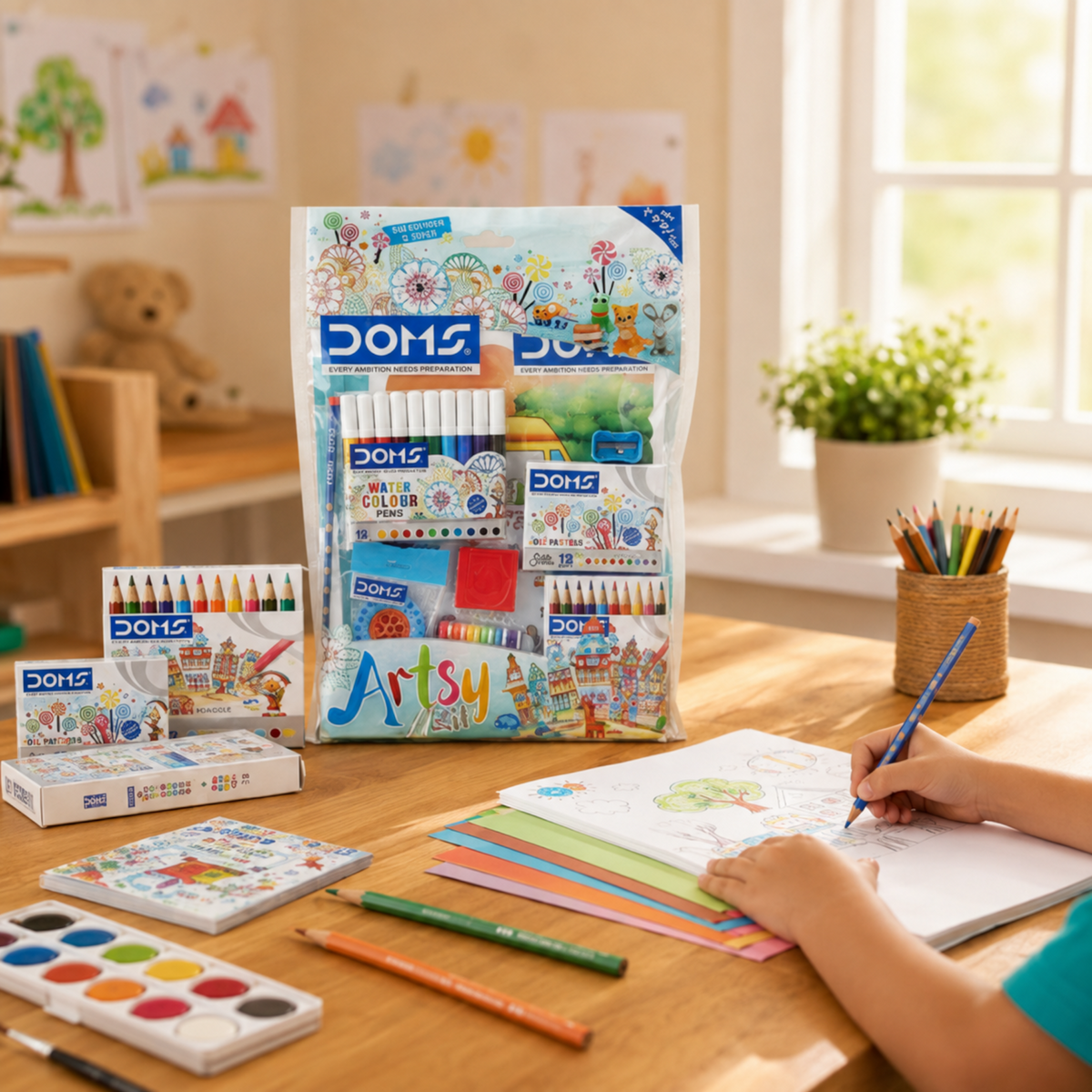 DOMS Artsy Art & Craft Kit for Kids – Complete Creative Stationery Set with Colour Pencils, Wax Crayons, Water Colour Pens, Modelling Clay & Colouring Book