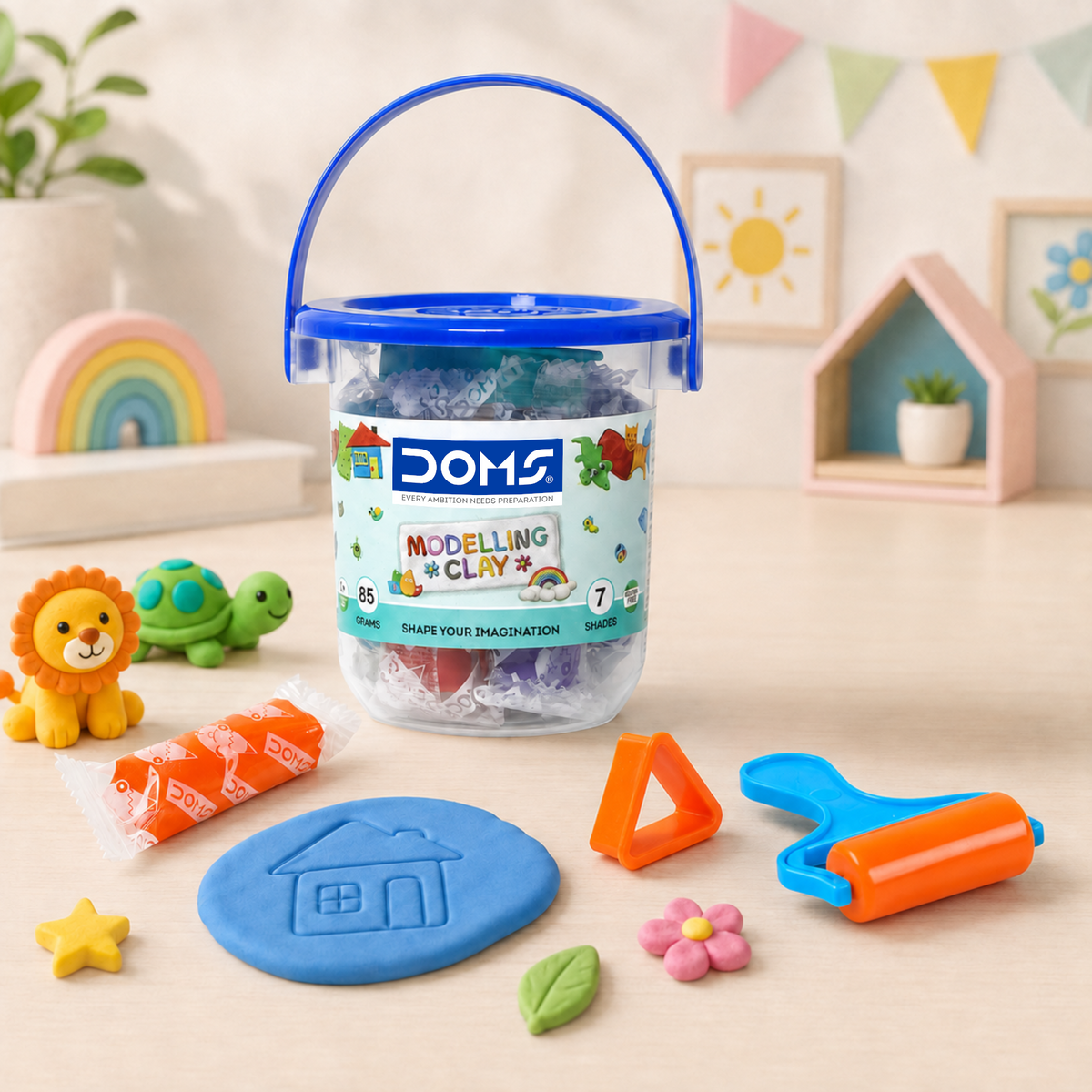 DOMS Modelling Clay 7 Shades (85g) – Soft Non-Sticky Clay with Bucket & Tools | Kids Creative Art & Craft Kit