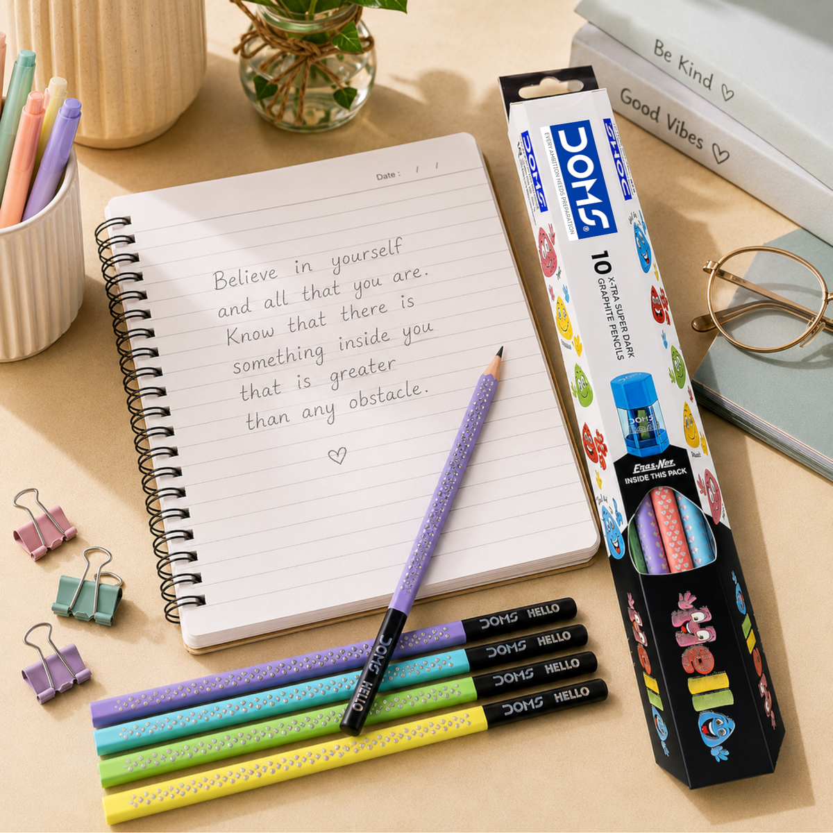 DOMS Hello Graphite Pencils | Extra Super Dark Writing | HB Pencils with Eraser & Sharpener | Smooth & Break-Resistant