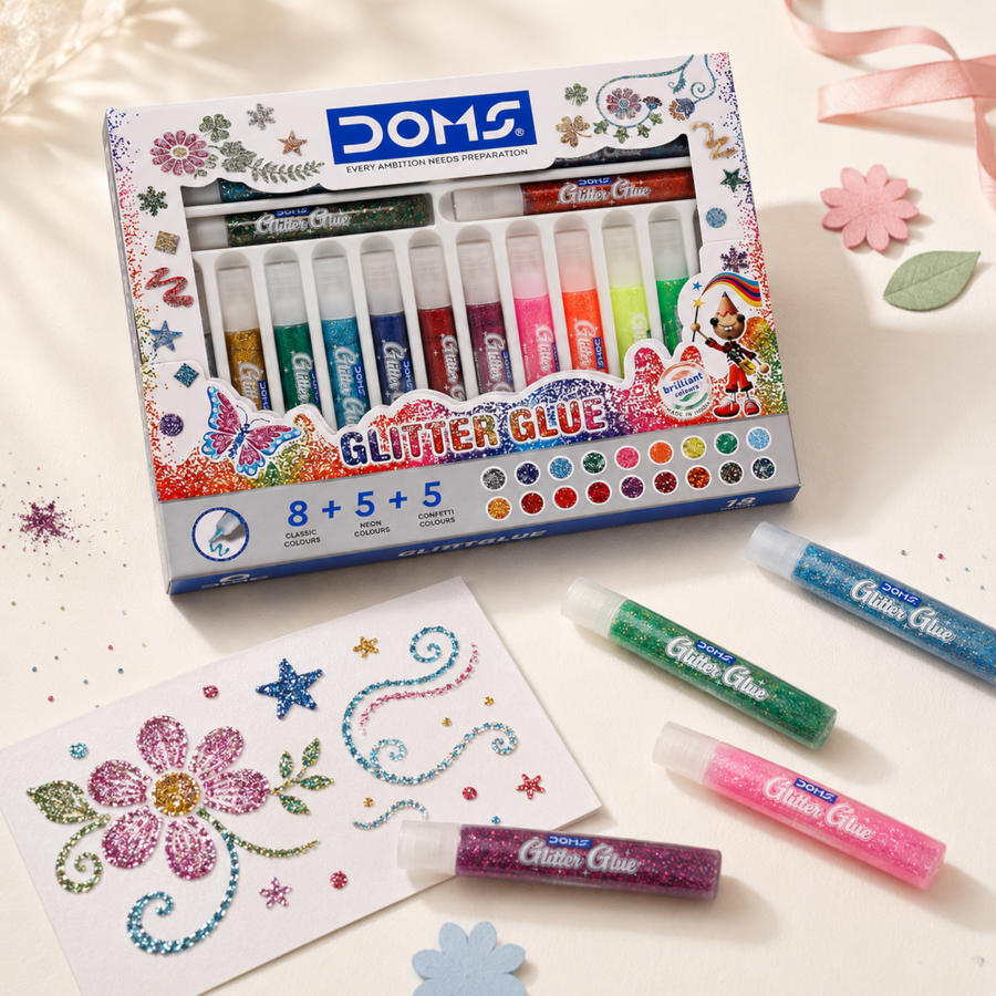 DOMS Glitter Glue 10 ML 18 Shades – Sparkling Craft Glue Set for Kids, DIY Art & Decoration