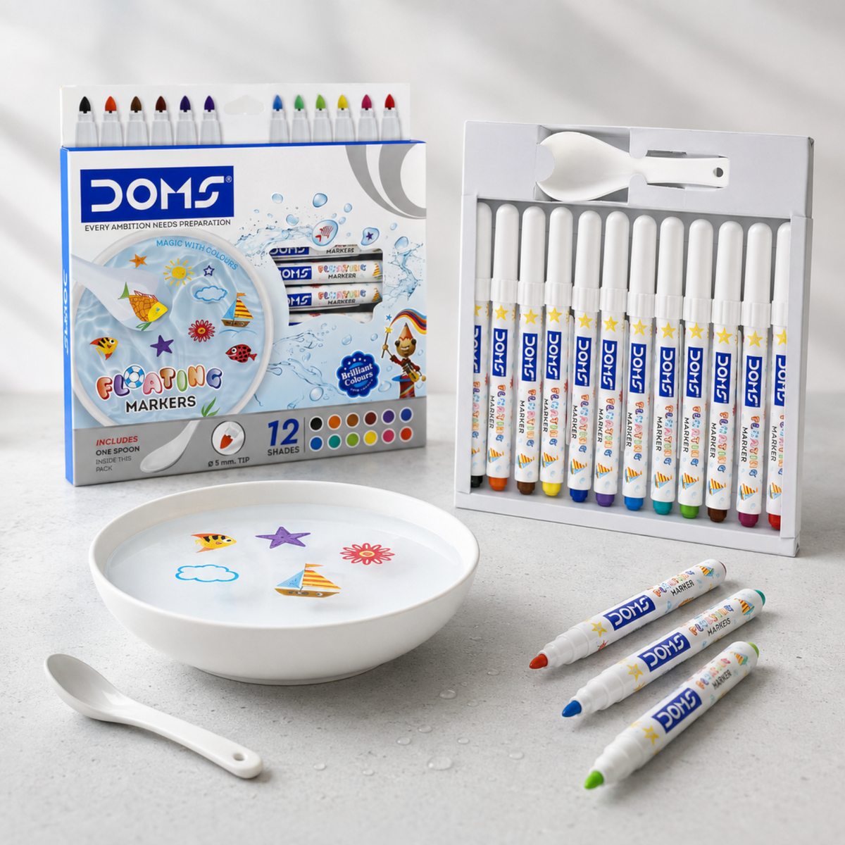 DOMS Floating Markers Set – 12 Vibrant Shades with Magic Water Effect | Fun Drawing & Floating Ink Markers for Kids | Creative Art & Activity Kit with Spoon