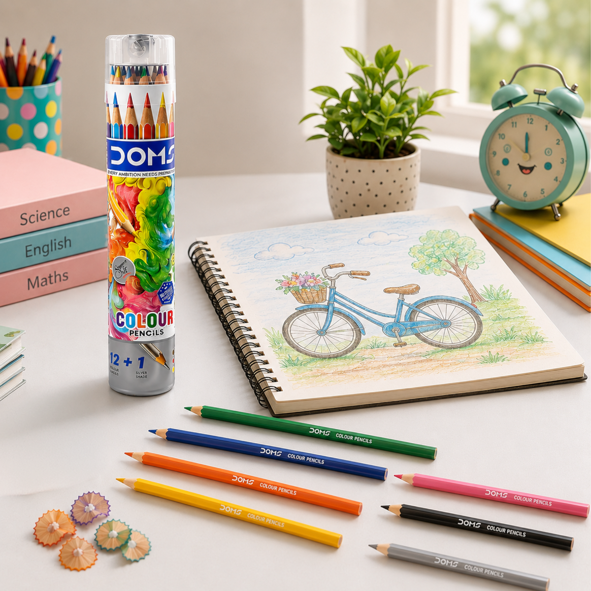 DOMS Full Size Colour Pencils | Round tin box | Sharpener Storage Tube | 12 & 24 Shades