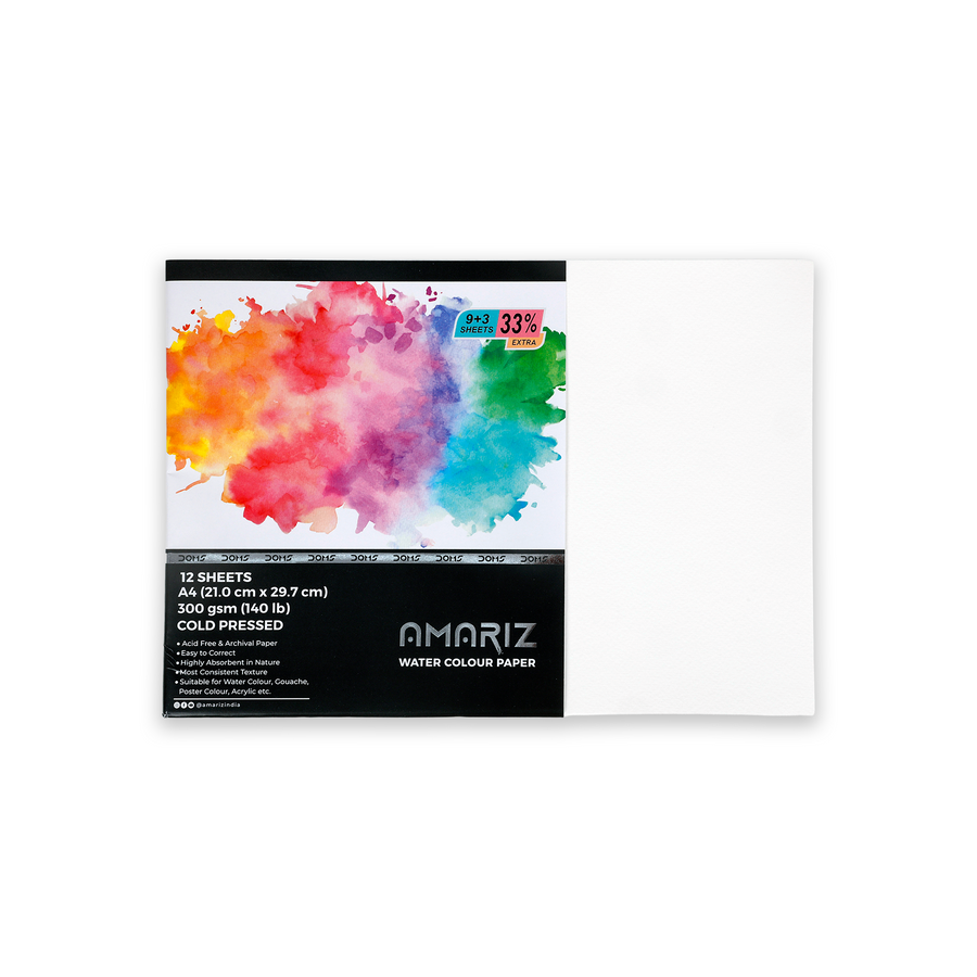 DOMS Amariz Watercolour Paper Sheets | 300 GSM Cold Pressed Acid-Free Watercolour Paper Pad | A3, A4 & A5 Sizes for Watercolour, Acrylic & Mixed Media Art