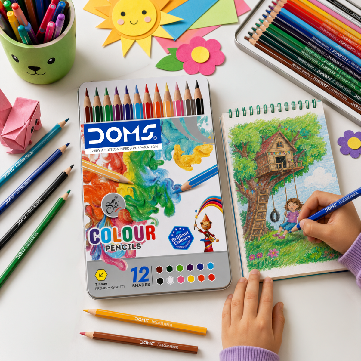 DOMS Full Size Colour Pencils Flat Tin Set | Premium Vibrant Coloring Pencils in Durable Metal Tin | Smooth Coloring for Kids, Students & Artists
