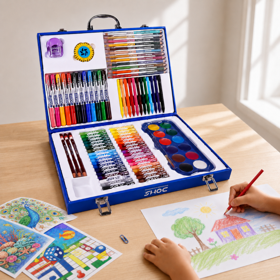 DOMS Art Vault Kit | Colour Art Set with Oil Pastels, Crayons, Sketch Pens, Water Colours & Drawing Tools | Premium Kids Art Kit with Carry Case