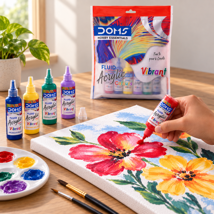 DOMS Hobby Essentials Vibrant Fluid Acrylic Colours Kit 5 Assorted Shades, 25 ml Each | Ready-to-Pour Acrylic Paint Set with Canvas Boards, Apron & Hand Gloves for Pouring, Canvas Painting & DIY Art