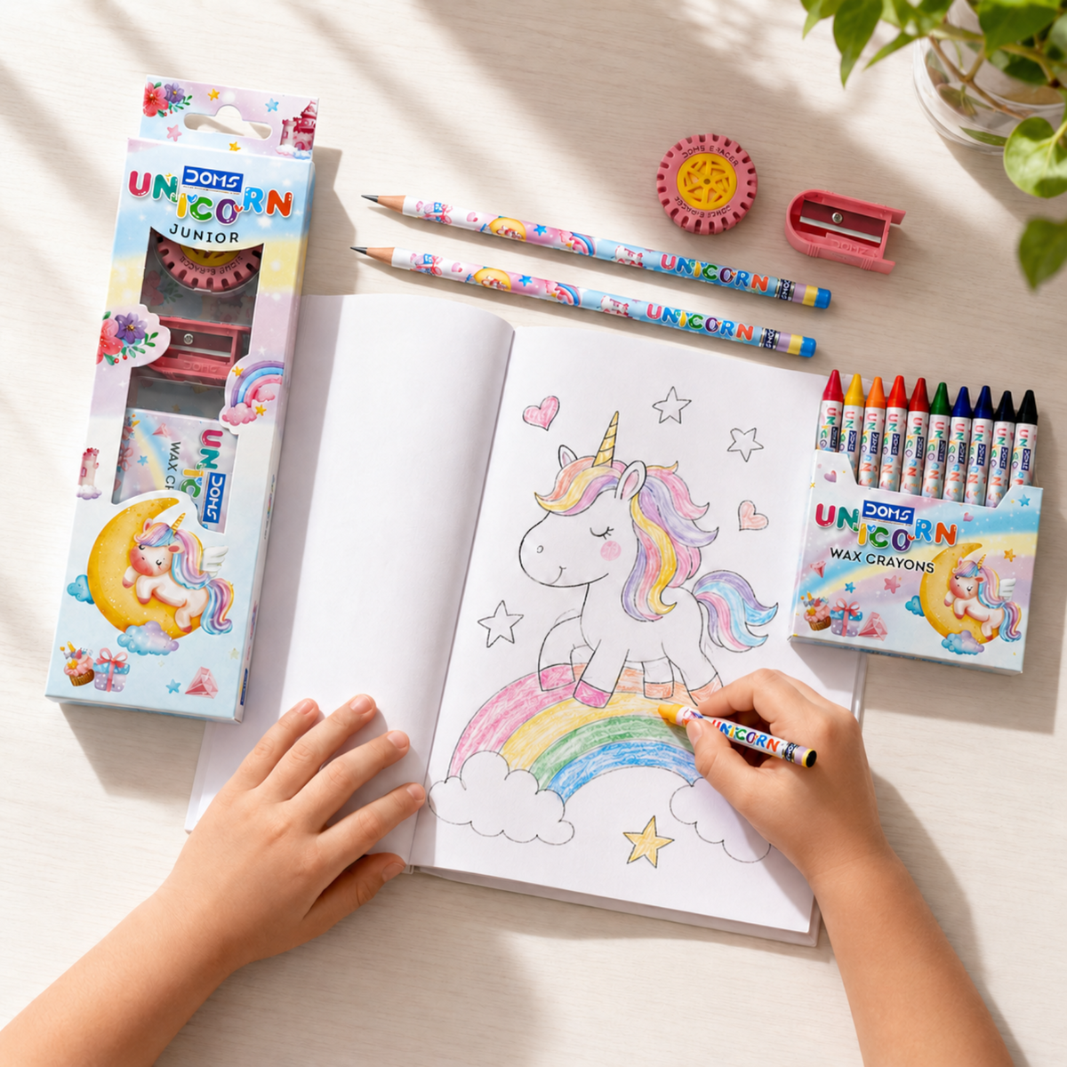 DOMS Unicorn Junior Stationery Kit – Kids Creative Combo with Wax Crayons, Pencil, Eraser & Sharpener for School & Art Activities
