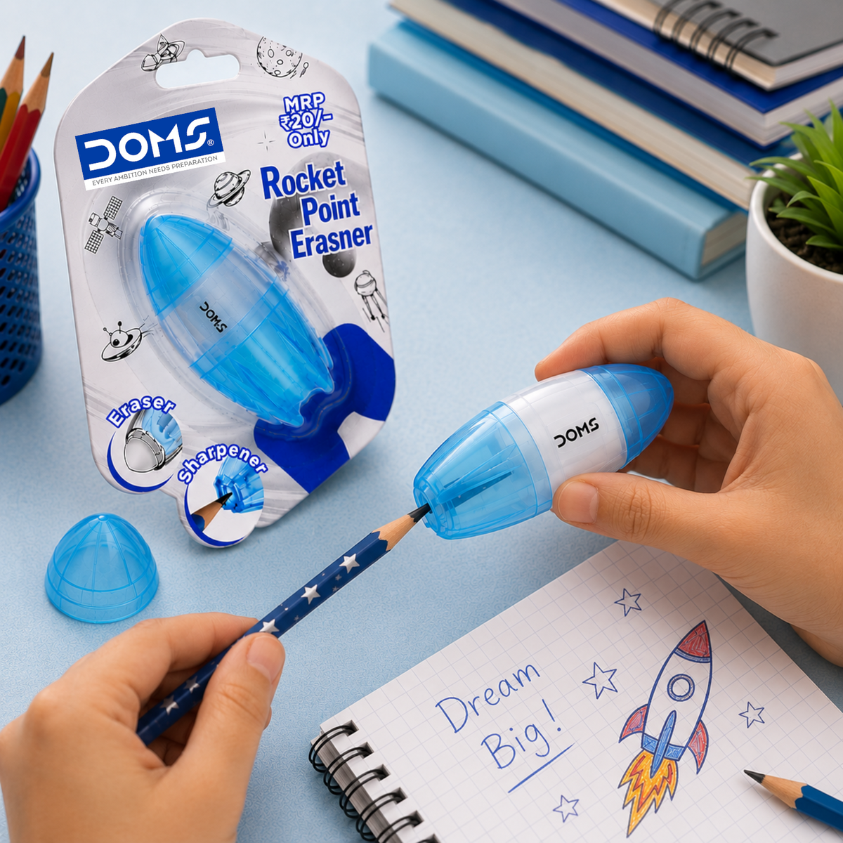 DOMS Rocket Point Erasner – 2-in-1 Eraser with Built-in Sharpener | Precision Erasing & Smooth Sharpening | Perfect for Students