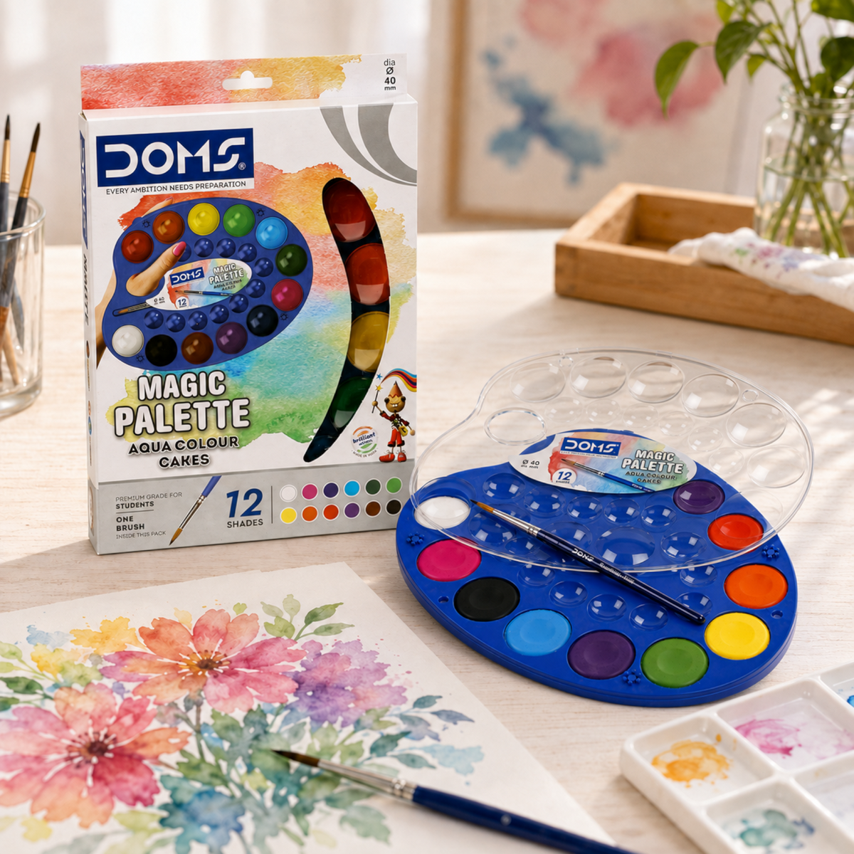 DOMS Magic Palette Aqua Color Cakes 12 Shades (40mm) | Large Pan Watercolor Paint Set | Non-Toxic, Vibrant & Smooth Blending Art Kit
