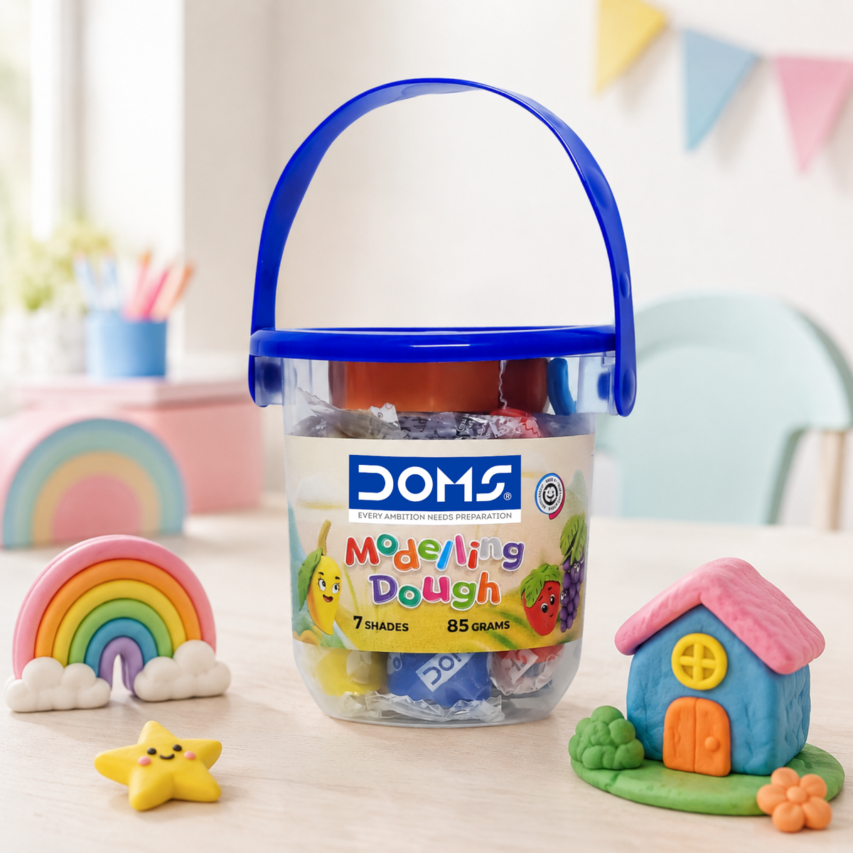 DOMS Modelling Dough Set – 7 Shades (85g) with Bucket & Tools | Soft Non-Sticky Dough for Kids Art & Craft
