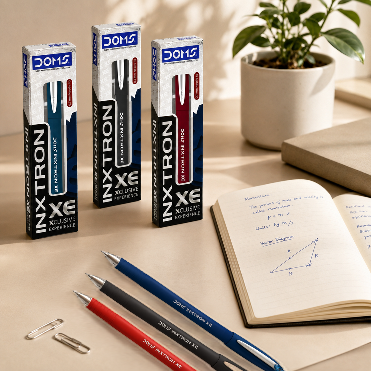 DOMS INXTRON XE Ball Pen 0.7 mm – Smooth Writing Premium Pen | Blue, Black & Red Ink | Single Pack Luxury Grip Pen for Office & School
