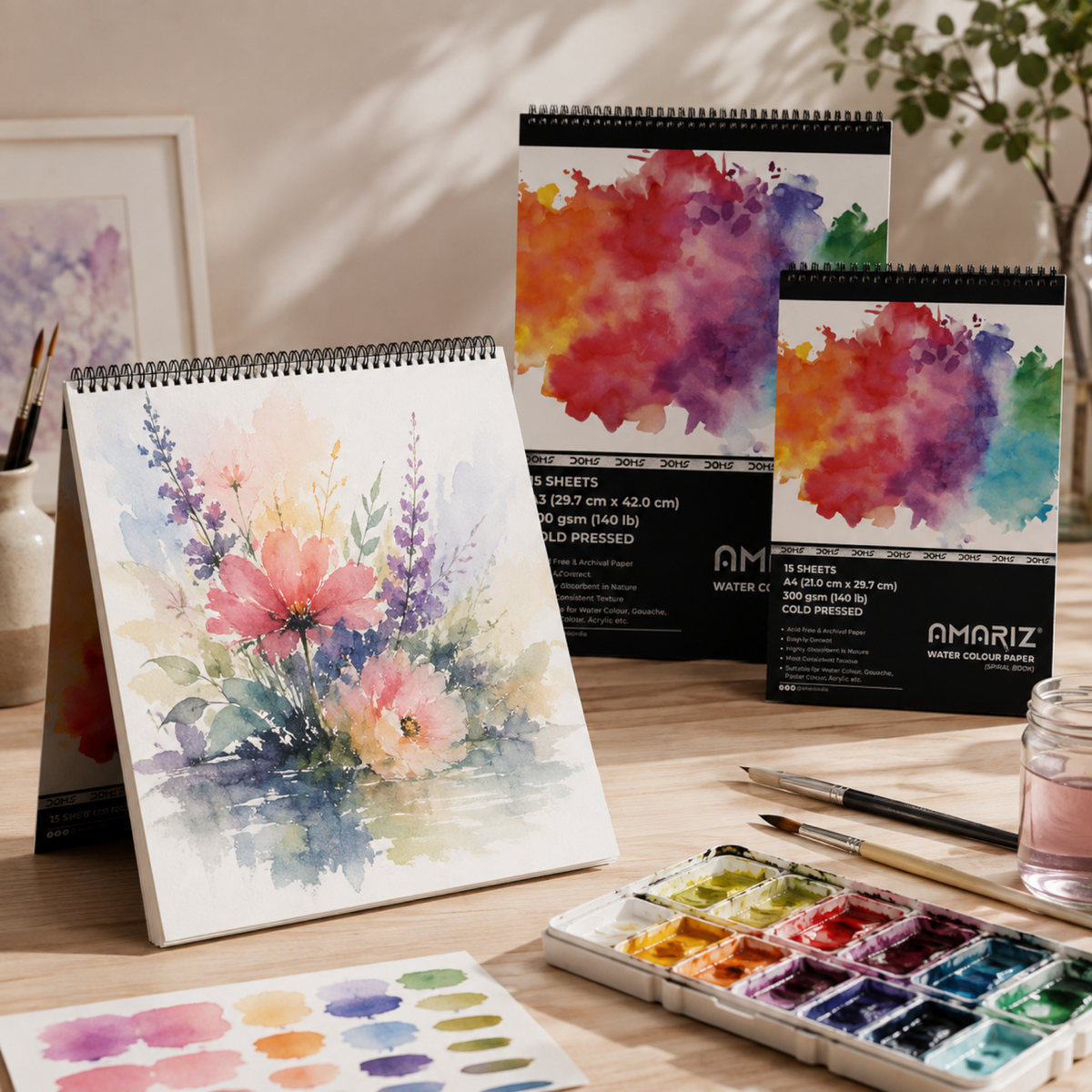 DOMS Amariz Water Colour Book 300 GSM | Cold Pressed Spiral Watercolor Paper Pad for Watercolour, Gouache, Acrylic & Poster Colours | Acid-Free Artist Sketchbook