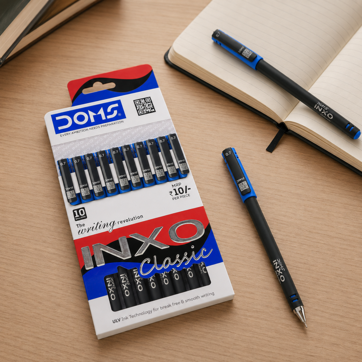 DOMS INXO Classic Ball Pens Pack – 0.7mm Tip | Pack of 10 Pens | Smooth ULV Ink Technology | Blue, Black & Red Pens