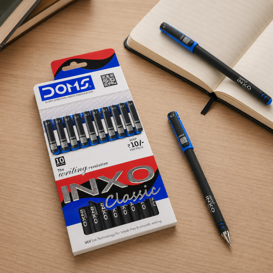 DOMS INXO Classic Ball Pens Pack – 0.7mm Tip | Pack of 10 Pens | Smooth ULV Ink Technology | Blue, Black & Red Pens