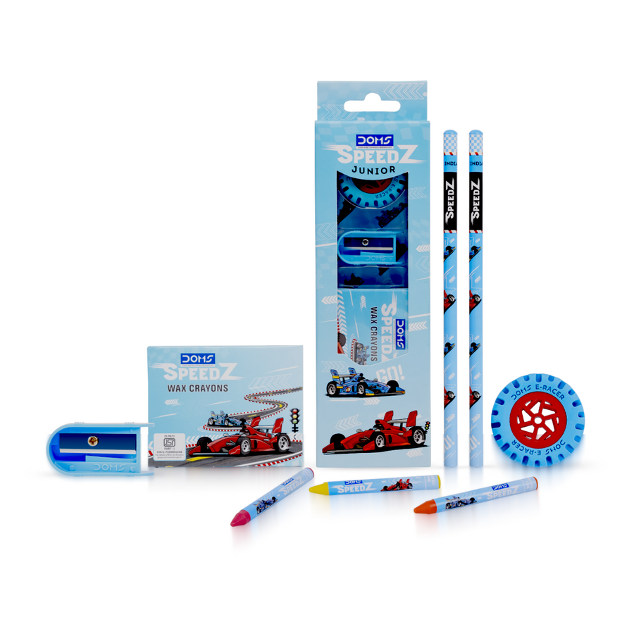 DOMS Speedz Junior Stationery Kit – Kids Racing Theme Colouring & Writing Combo with Wax Crayons, Pencil, Eraser & Sharpener