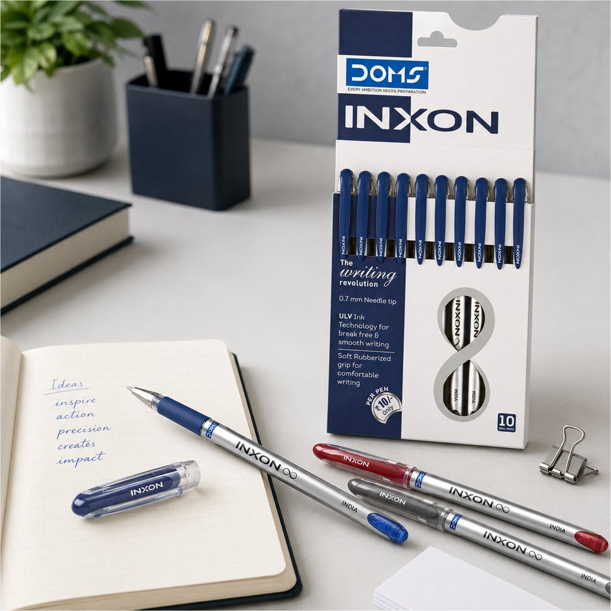 DOMS INXON Ball Pens Pack of 10 – 0.7mm Needle Tip Smooth Writing Pens, ULV Ink Technology, Blue, Black & Red Ink Pens for School & Office