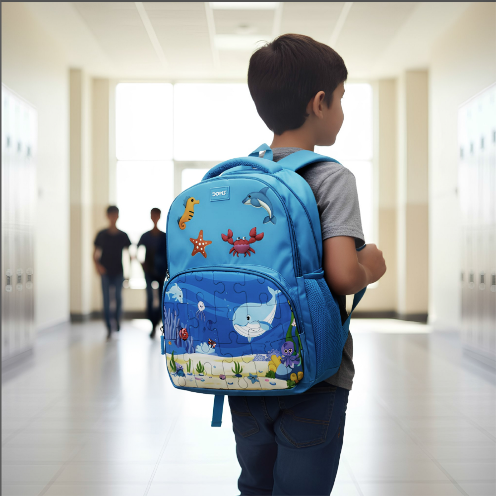 DOMS Puzzle Bag Kids School Backpack – Lightweight Water-Resistant Cartoon Theme Bag (22L)