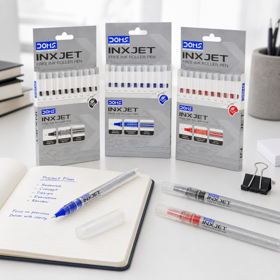 DOMS INXJET Free Ink Roller Pens Pack – 0.5mm Precision Tip | Pack of 10 Pens | Smooth Writing Roller Pens | Blue, Black, Red & Multicolour Ink