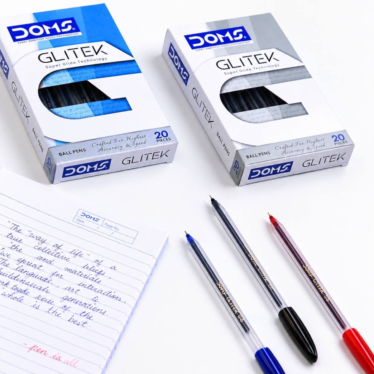 DOMS GLITEK Ball Pens Pack of 20 – Super Glide Smooth Writing Pens, Blue, Black & Red Ink Ball Point Pens for School, Office & Daily Use