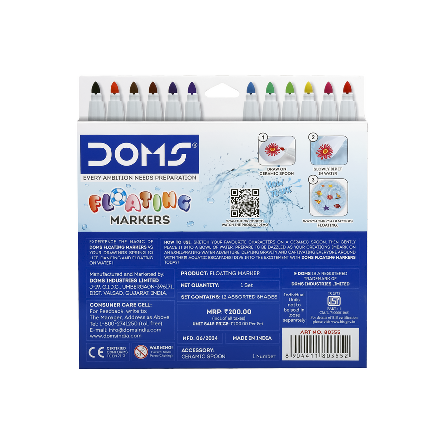 DOMS Floating Markers Set – 12 Vibrant Shades with Magic Water Effect | Fun Drawing & Floating Ink Markers for Kids | Creative Art & Activity Kit with Spoon