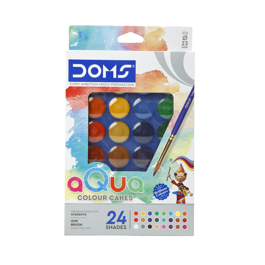 DOMS Aqua Water Colour Cakes (23 mm) – Rich & Bright Colours with Brush | Rich Pigment Watercolor Set with Intermixing Palette