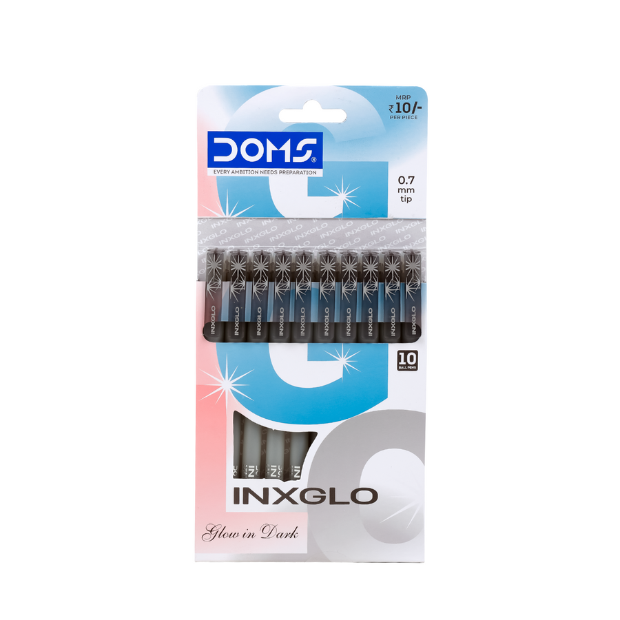 DOMS INXGLO Glow in the Dark Ball Pen Pack of 10 – 0.7 mm Smooth Writing Pens | Blue, Black & Red Ink | Luminous Body Pens for School & Office