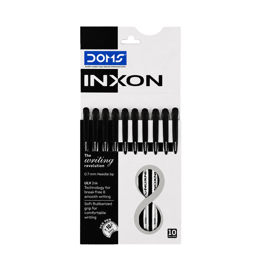 DOMS INXON Ball Pens Pack of 10 – 0.7mm Needle Tip Smooth Writing Pens, ULV Ink Technology, Blue, Black & Red Ink Pens for School & Office