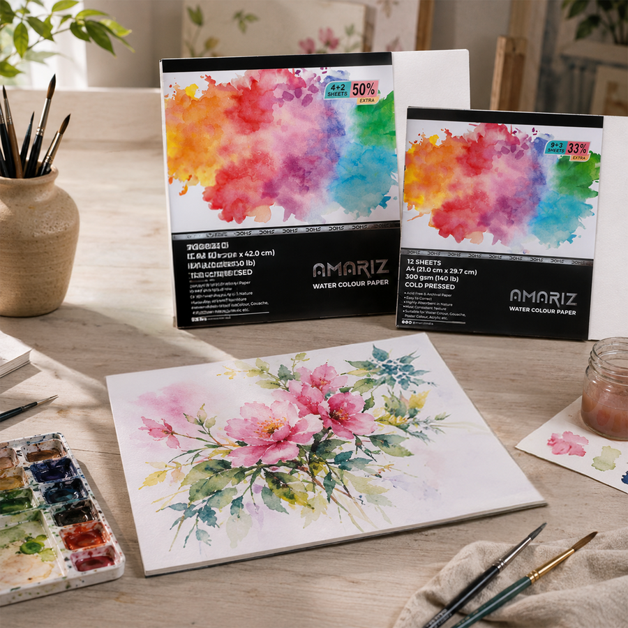 DOMS Amariz Watercolour Paper Sheets | 300 GSM Cold Pressed Acid-Free Watercolour Paper Pad | A3, A4 & A5 Sizes for Watercolour, Acrylic & Mixed Media Art