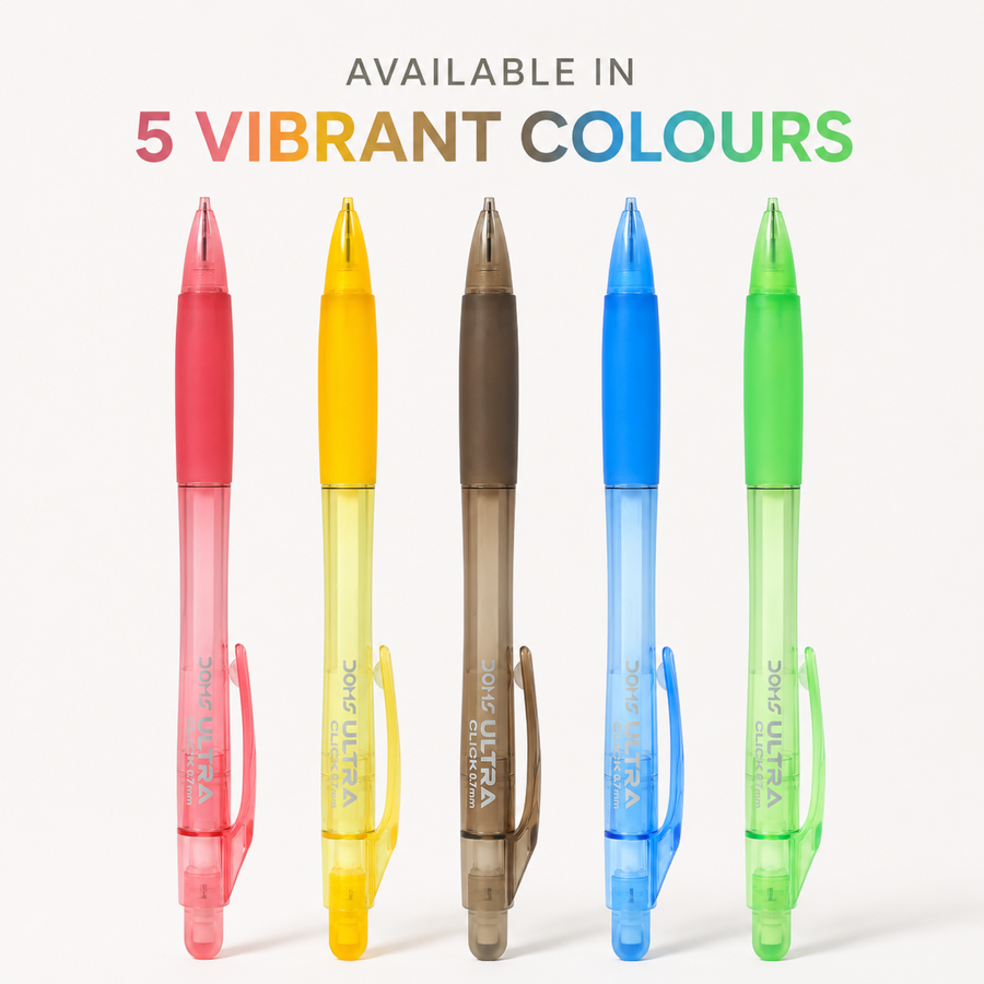 DOMS Ultra Click Mechanical Pencil 0.7mm | Smooth Writing Click Pencil with Built-in Eraser | Ergonomic Grip, Vibrant Body Colors