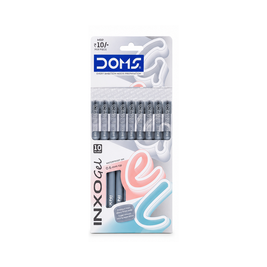 DOMS INXO Gel Pens Pack of 10 0.6mm Fine Tip | Pack of 10 Pens | Smooth Waterproof Ink | Blue, Black & Red Gel Pens