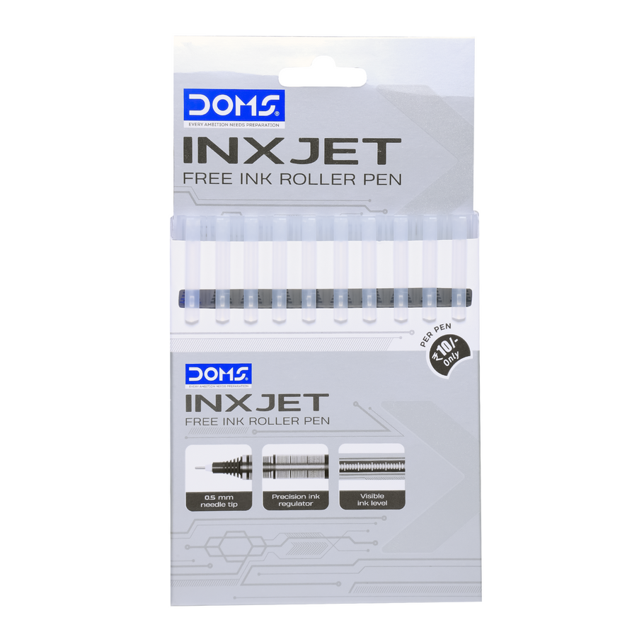 DOMS INXJET Free Ink Roller Pens Pack – 0.5mm Precision Tip | Pack of 10 Pens | Smooth Writing Roller Pens | Blue, Black, Red & Multicolour Ink