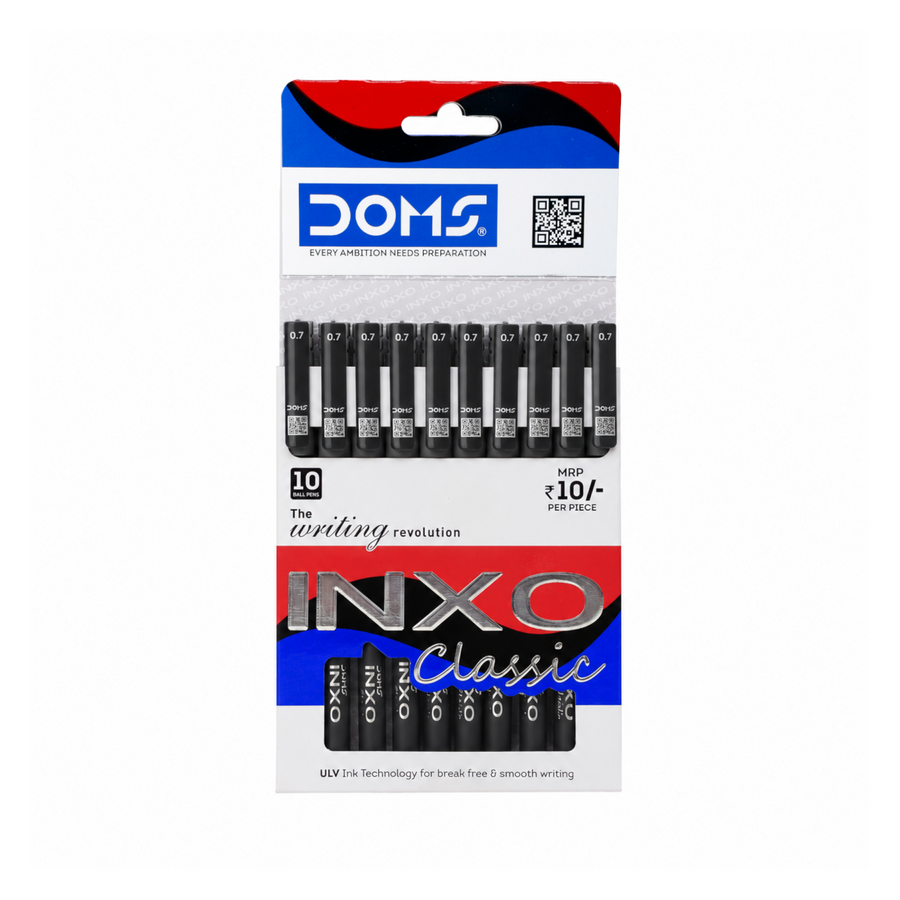 DOMS INXO Classic Ball Pens Pack – 0.7mm Tip | Pack of 10 Pens | Smooth ULV Ink Technology | Blue, Black & Red Pens